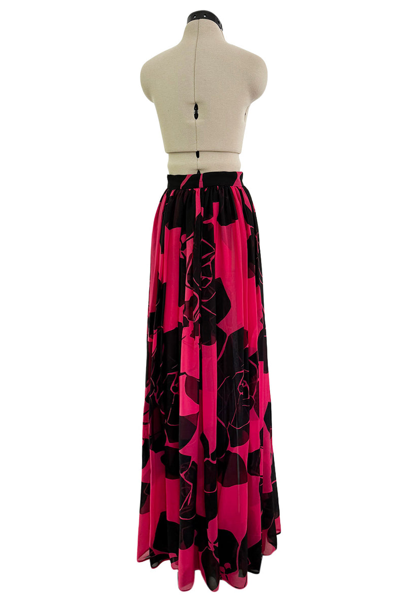 Multifunctional 1970s or 1980s Original Valentino Deep Pink & Black Printed Silk Chiffon Open Front Over Skirt
