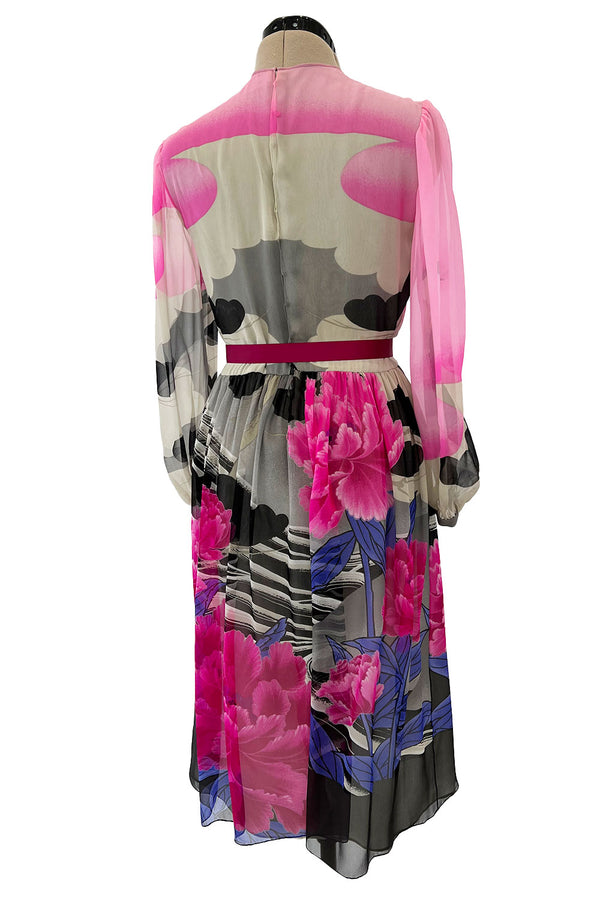 Romantic 1970s Hanae Mori Huge Pink Floral Print Silk Chiffon Dress w Grey Scale Backdrop