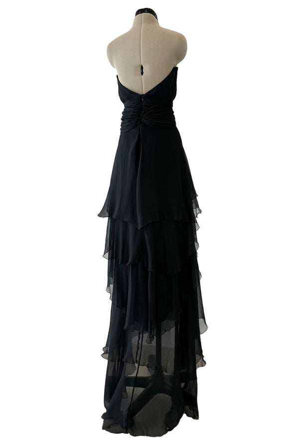 1980s Chanel by Karl Lagerfeld Strapless Black Tiered Silk Chiffon Dress