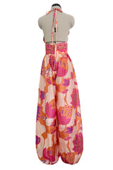 Spring 1981 Bill Tice Deco Pattern Printed Tissue Silk Backless Jumpsuit w Balloon Pouf Legs