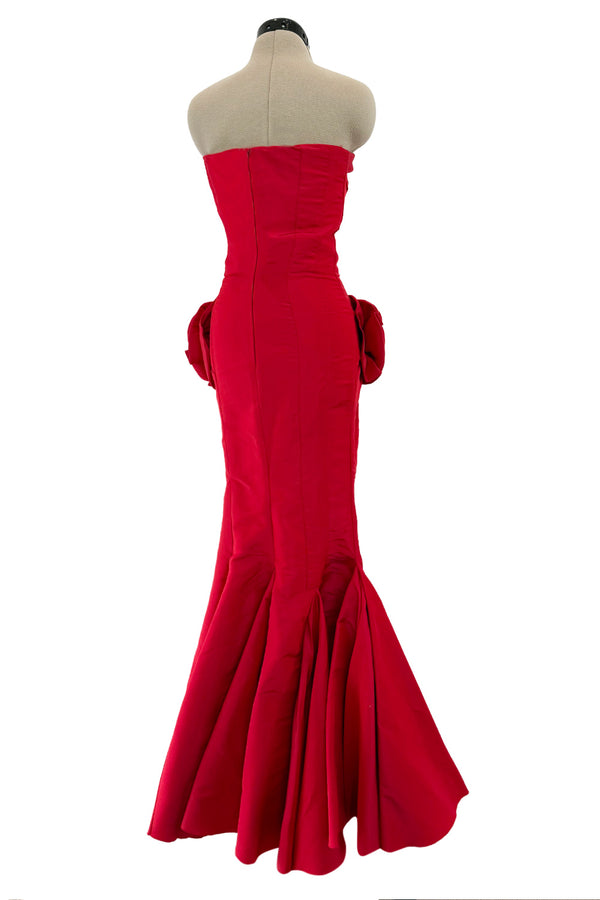 Original Fall 2004 Valentino Runway Look 53 Strapless Red Silk Dress w Flowers on the Hips & Flared Skirt