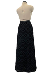 Prettiest 1960s Pierre Balmain Full Length Fused Velvet in Black Silk Geometric Pattern Skirt