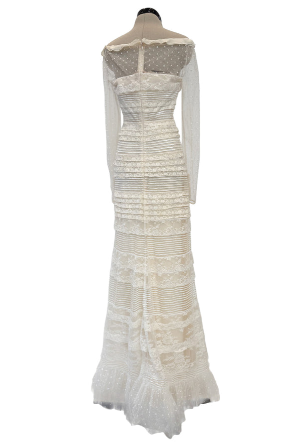 2012 Valentino by Pierpaolo Piccioli & Maria Grazia Chiuri Tiered Ivory Lace Net Dress w Sequin & Bead Detailing