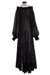 Spring 1978 Yves Saint Laurent Runway & Ad Campaign Off Shoulder Silk Chiffon Dot Dress