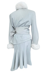 Ultra Rare Fall 1986 Thierry Mugler Ad / Runway Pale Ice Blue Suit w Faux Fur Cuffs & Collar