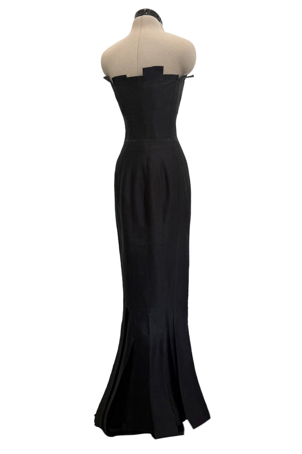 Fantastic c.1983 Thierry Mugler Black Raw Silk Vertical Panel Dress w Car Wash Hem & Silk Chiffon