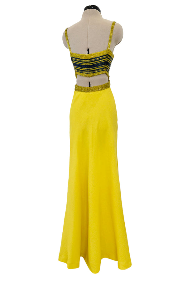 Exceptional 1960s James Galanos Yellow Silk Crepe w Blue & Yellow Beaded Back Cut Out Top