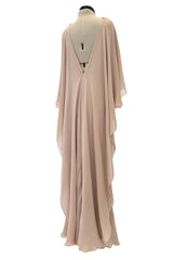 Fall 1975 Halston Runway Pale Neutral Bias Cut Silk Chiffon Dress W Ruffled & Open V Back