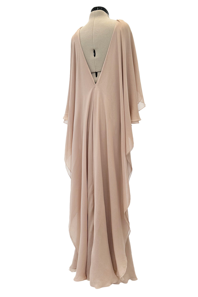 Fall 1975 Halston Runway Pale Neutral Bias Cut Silk Chiffon Dress W Ruffled & Open V Back