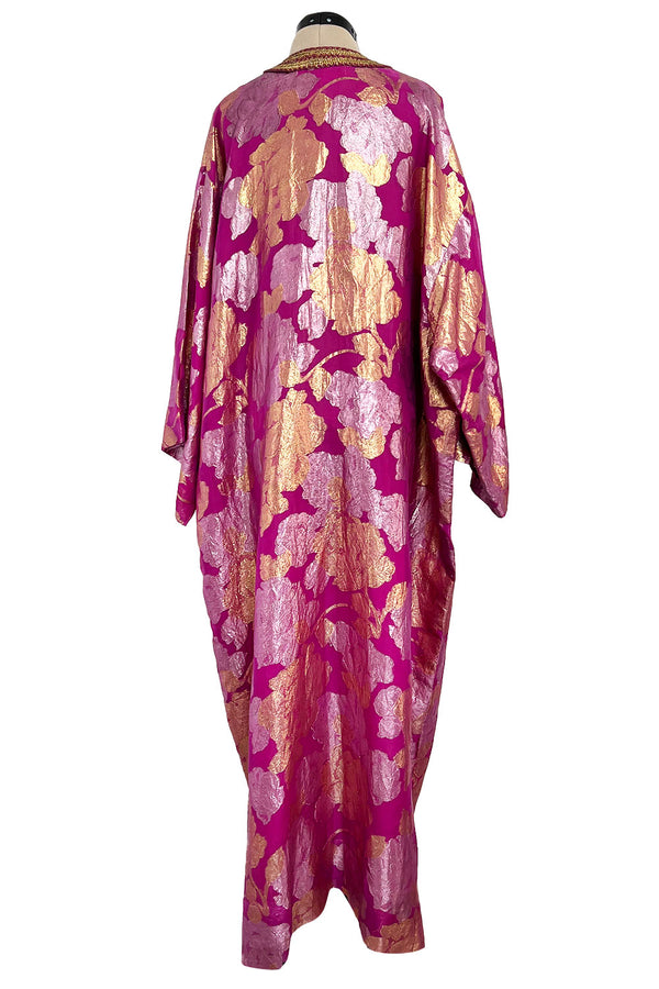 Stunning 1970s Jean Louis Metallic Pink Gold & Silver Caftan Dress w Gold & Pink Braiding