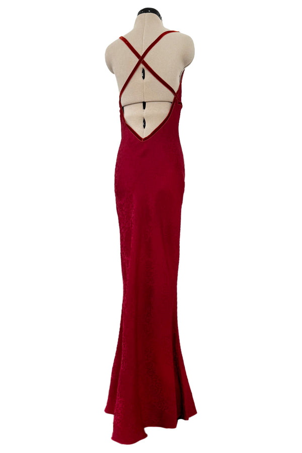 Exquisite Fall 1999 John Galliano Deep Red Bias Cut Patterned Silk Backless Dress w Velvet Ribbon Details