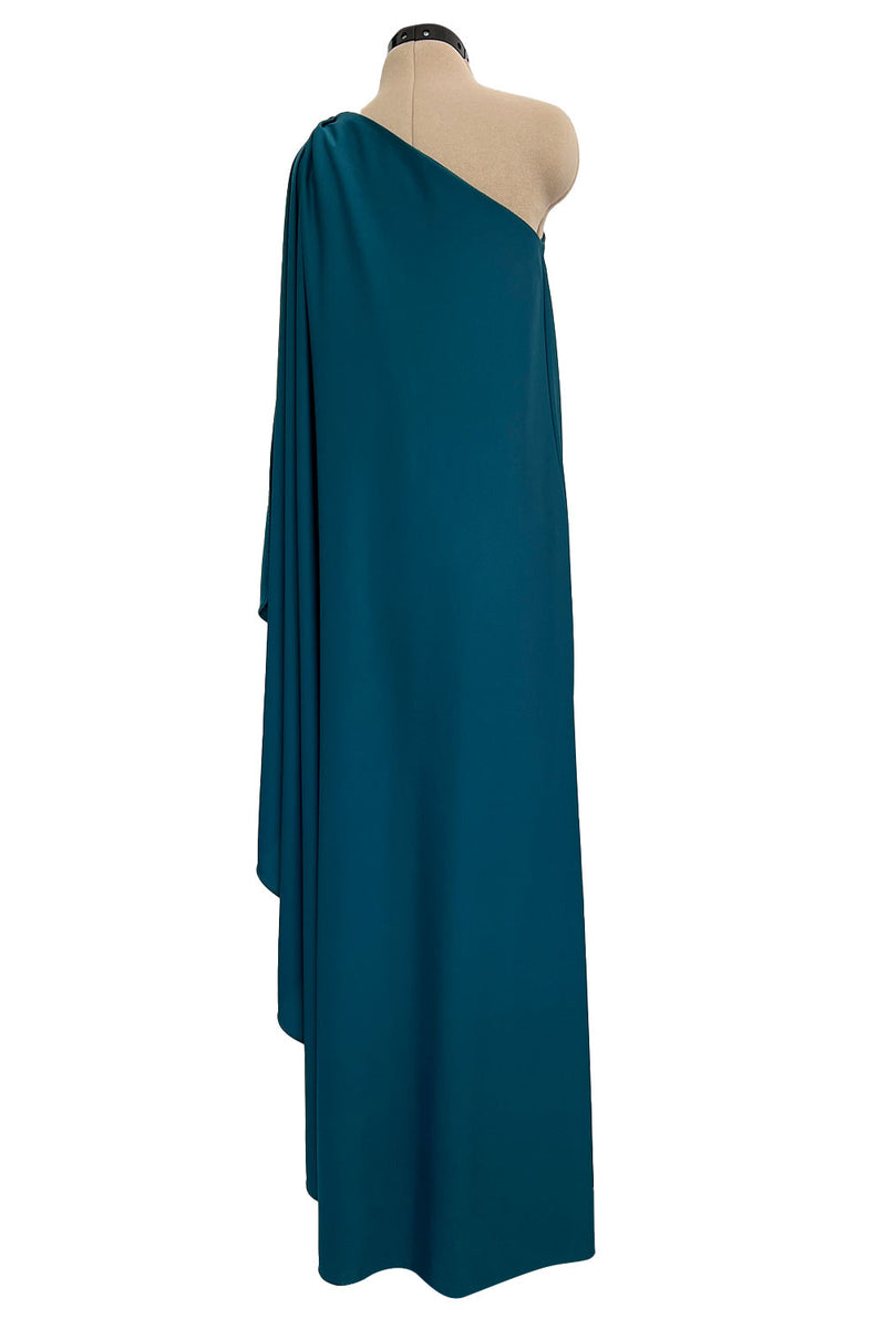 Prettiest 1978 Halston Dark Teal Jersey One Shoulder Draped Full Length Maxi Dress