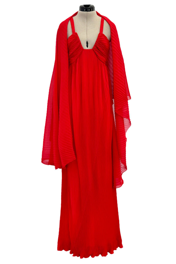 Incredible 1973 Hubert de Givenchy Haute Couture Red Sillk Crepe Chiffon Pleated Dress