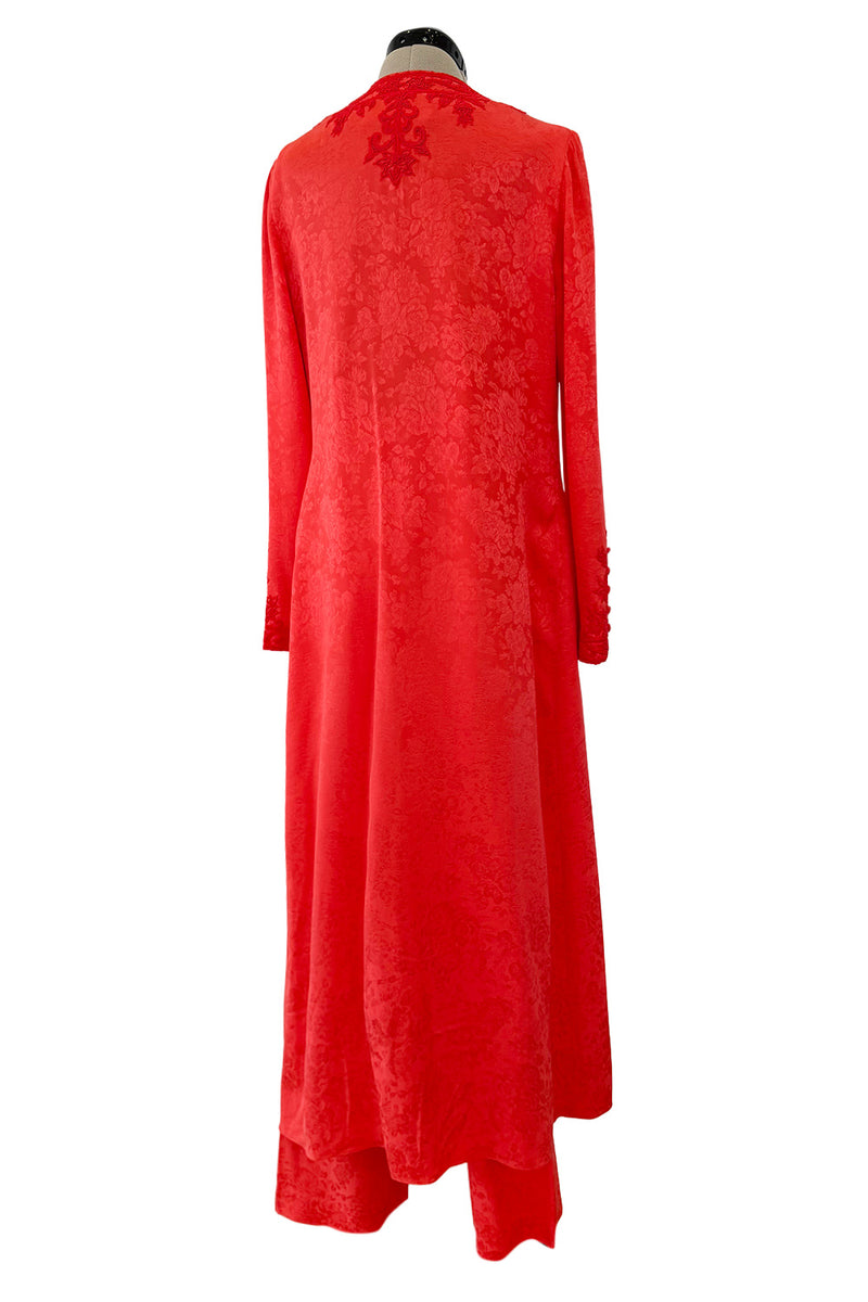 1970s Oscar de la Renta Coral Orange Wide Leg Pant & Long Caftan Tunic Set w Silk Cord Detailing