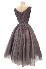 Exceptional 1950s Jacques Heim Golden Era Haute Couture Ultra Rare Purple-Gray Net & Handmade Lace Dress