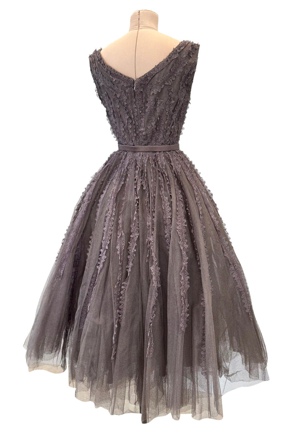Exceptional 1950s Jacques Heim Golden Era Haute Couture Ultra Rare Purple-Gray Net & Handmade Lace Dress