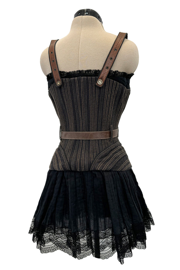 Exceptional Fall 2002 Alexander McQueen Runway Look 44 Corset Mini Dress w Leather Details