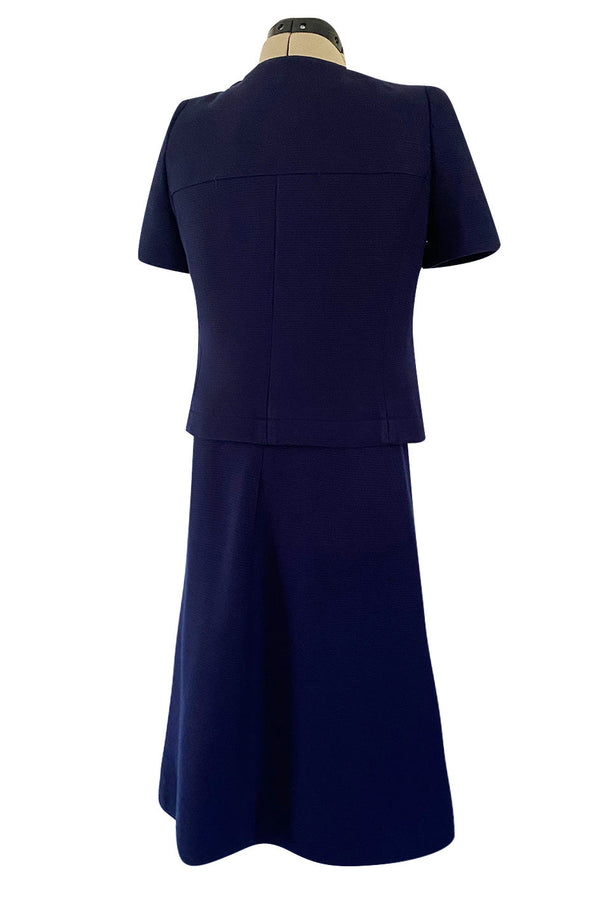 Minimalist Spring 1973 Courreges Numbered Haute Couture Blue Snap Front Jacket & Matching Skirt