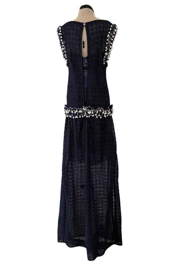 Phenomenal Fall 2010 Chanel by Karl Lagerfeld Deep Blue & Silver Metallic Knit Dress w Glass Pearl Detailing