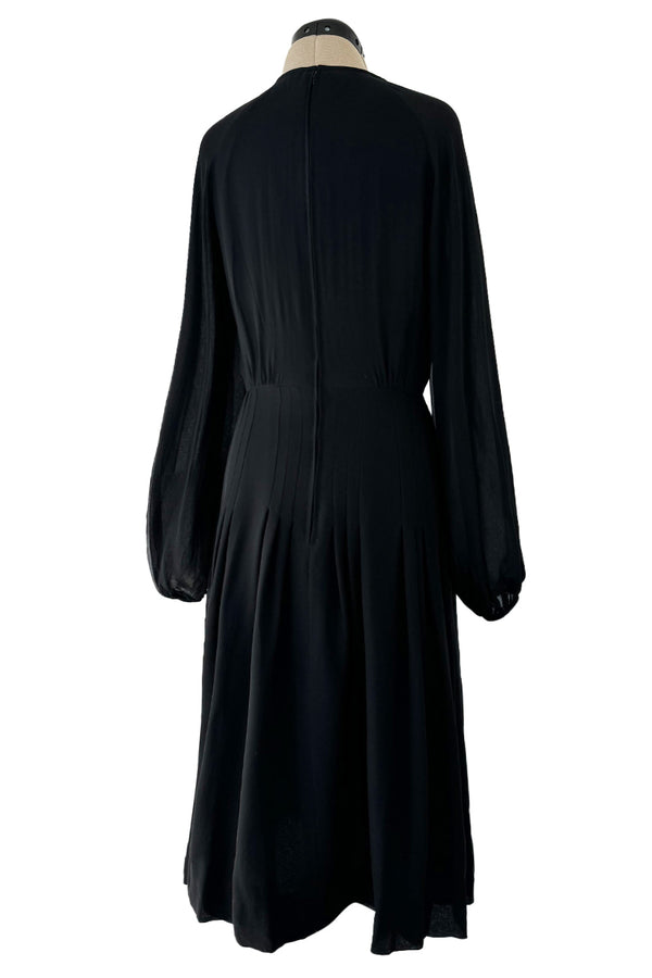 Classic 1970s Michael Novarese Black Silk Chiffon Dress w Balloon Sleeves & Pleating Details