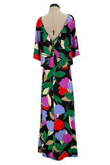 Prettiest 1970s Mr Blackwell Custom Black Jersey Dress w Bright Print & Sequin Detailing