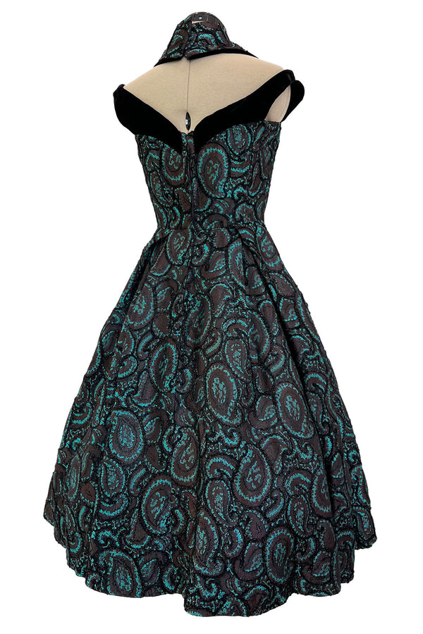 Spectacular 1940s Lilli Ann Teal & Brown Brodace & Velvet Dress w Looped Lame Detailing