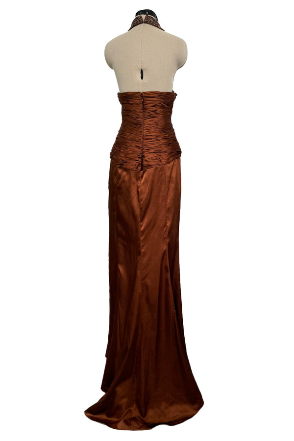 Chic 2000s Gianni Versace Bronze Gathered Silk Bodice Dress w an Elaborately Beaded Cut Out Front & Sweepimng Back
