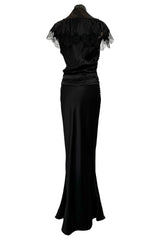 Iconic Fall 2005 John Galliano Black Silk Bias Cut Dress w Plunge Front & Lace Trimmed Cap Sleeves
