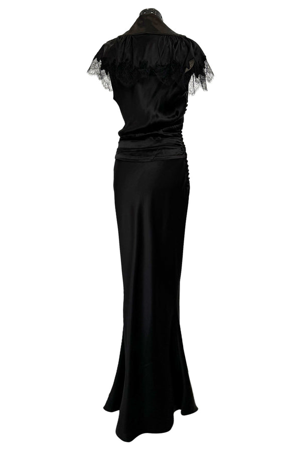 Iconic Fall 2005 John Galliano Black Silk Bias Cut Dress w Plunge Front & Lace Trimmed Cap Sleeves