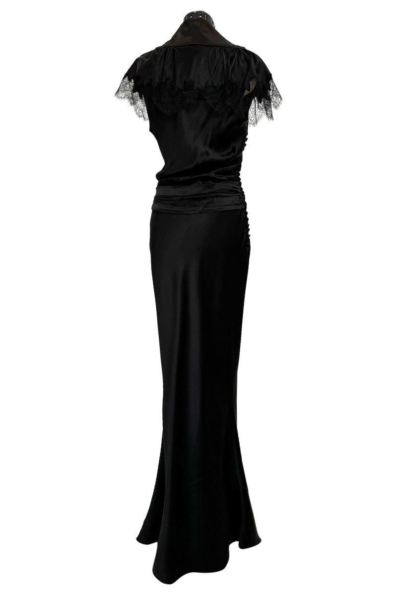 Iconic Fall 2005 John Galliano Black Silk Bias Cut Dress w Plunge Front & Lace Trimmed Cap Sleeves