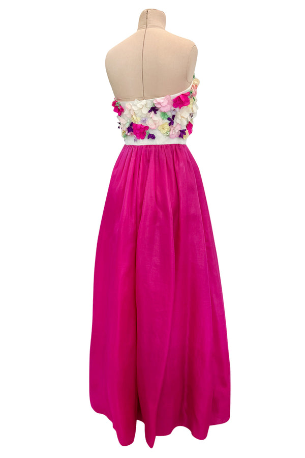 Dreamy Late 1960s, Early 1970s Givenchy Strapless Silk Dress w Floral Appliques & Brilliant Full Pink Skirt