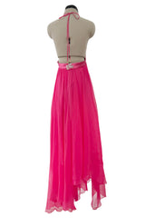 Recent Givenchy Vivid Silk Pink Chiffon Halter Dress w Completely Open Back & Multi Length Hem