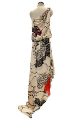 Gorgeous Early 2000s Valentino Roma Bias Cut Floral Print Dress w Bright Pops of Coral Red