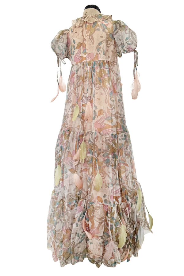 Phenomenal 1960s Gina Fratini Printed Tiered Baby Doll Maxi Dress w Poufed Cap Sleeves & Feather Details