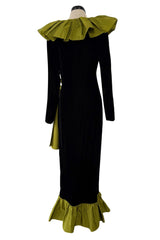 Amazing Fall 1984 Yves Saint Laurent Runway Black Velvet Wrap Dress w Olive Silk Taffeta Ruffles