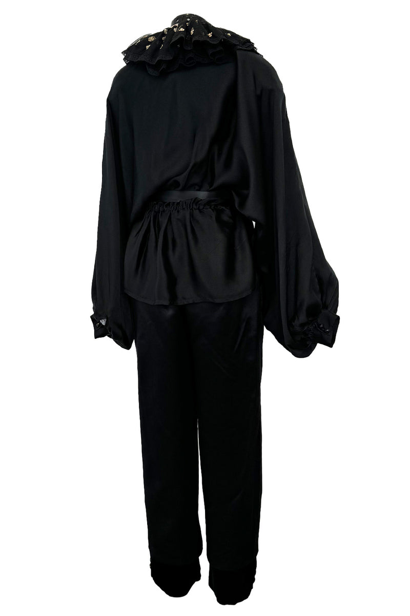 Fabulous 1970s Valentino Black Silk Cropped Pants & Black Silk Top Set w Gold Detailed Ruffled Collar