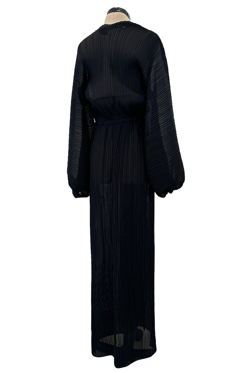 Incredible Spring 1978 Halston IV Plunged & Pleated Black Wrap Runway Dress w Balloon Sleeves