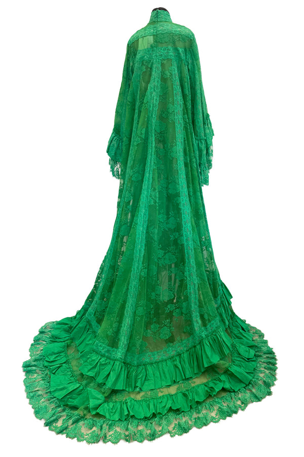 Remarkable Resort 2019 Gucci by Alessandro Michele Runway Look 9 Green Lace & Net Ruffle Dress w Train
