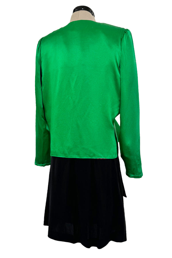 Incredible Spring 1990 Yves Saint Laurent Runway Brilliant Green Jacket w Pink Lining & Black Skirt Set