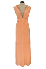 Documented 1960s Tiziani Couture by Karl Lagerfeld Peach Silk Plunge Dress w Matching Feather Cape