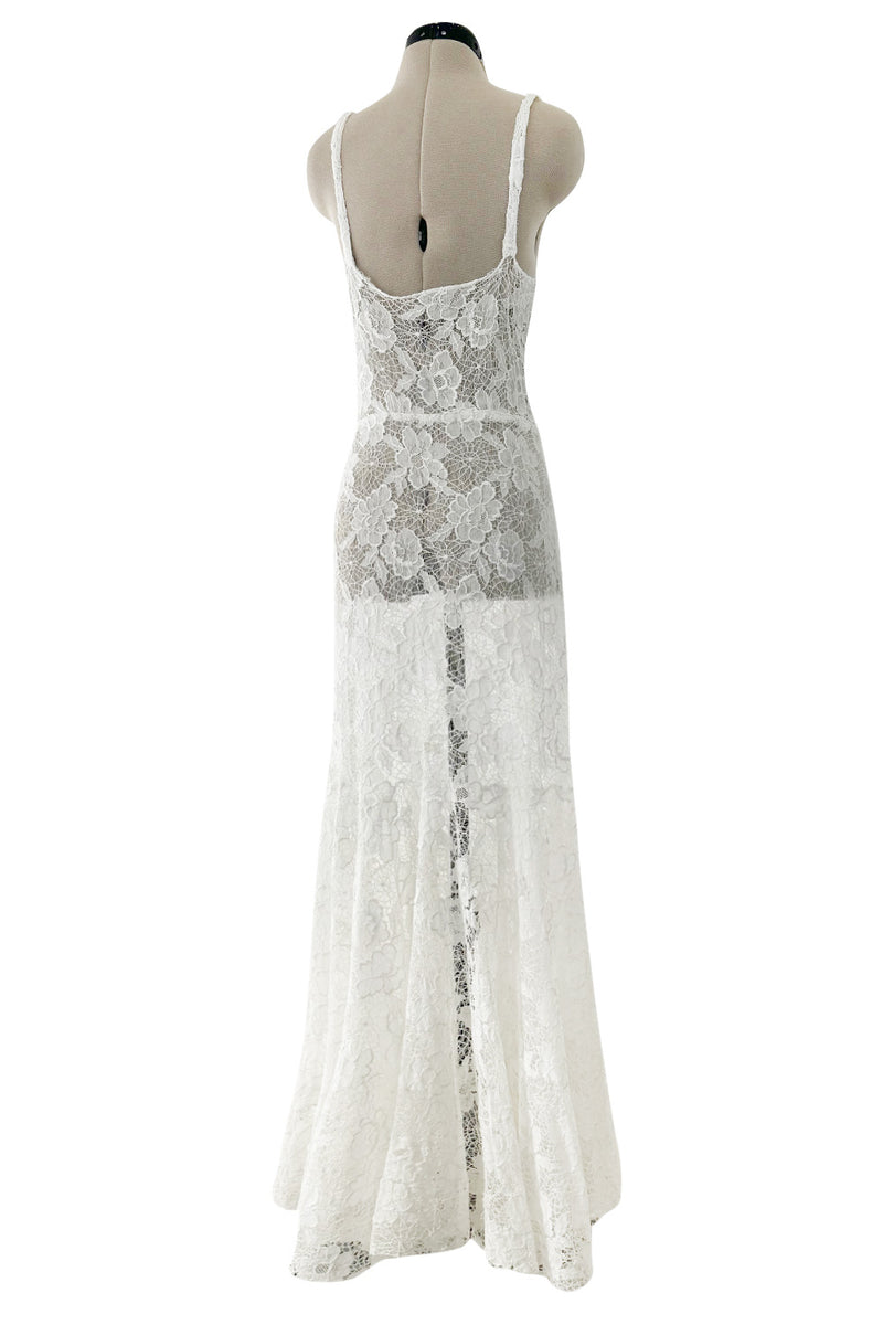 Romantic 1930s Unlabeled Intricate White Lace Unlined Dress w Flared Full Lower Skirting