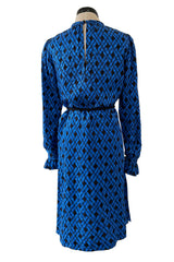Divine Fall 1979 Yves Saint Laurent True Haute Couture Blue Silk Harlequin Print Dress w Ruffled Cuffs