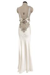 Iconic Spring 2006 Roberto Cavalli Front Plung & Open Back Heavily Detailed w Rhinestone Bias Cut Ivory Silk Dress