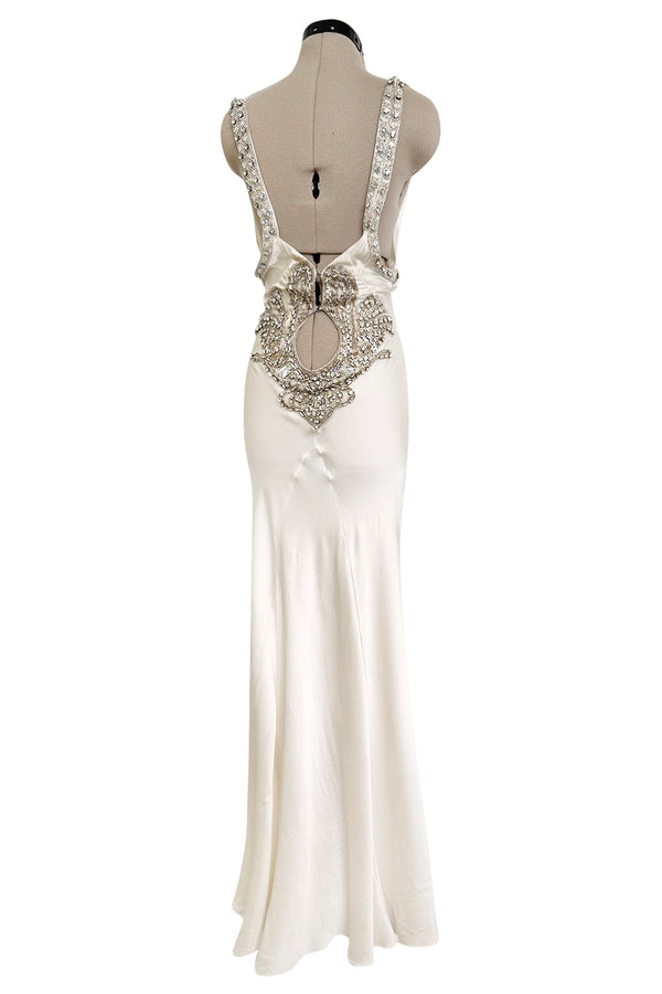 Iconic Spring 2006 Roberto Cavalli Front Plung & Open Back Heavily Detailed w Rhinestone Bias Cut Ivory Silk Dress