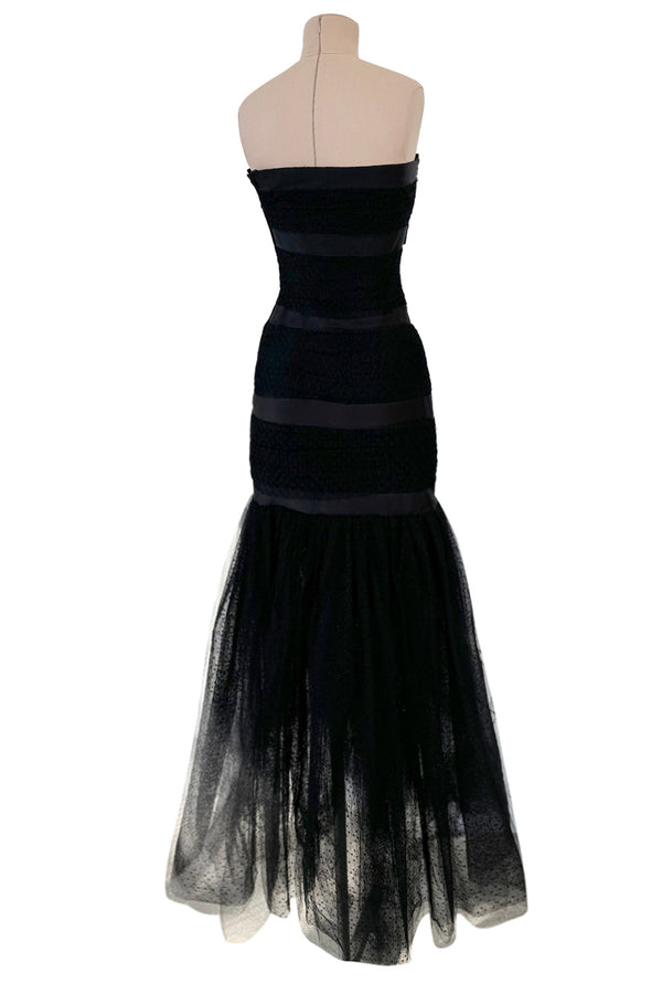 Fantastic Spring 1987 Yves Saint Laurent Strapless Dotted Silk Net Strapless Dress w Rhinestone Detail & Full Lower Skirts