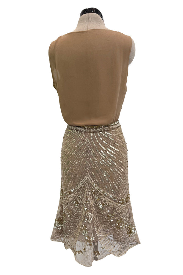 Prettiest 2000s Valentino Roma Metallic Gold Sequin & Bead Silk Chiffon on Netting Top and Skirt Set