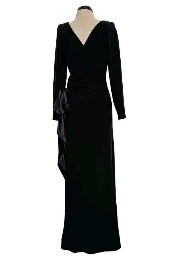 Exceptional Fall 1983 Yves Saint Laurent Haute Couture Runway Black Silk Wrap Dress w Bow Detail