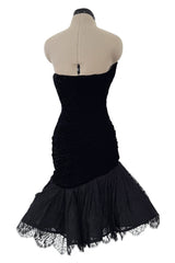 Documented Fall 1987 Emanuel Ungaro Runway Velvet & Lace Mini Dress w Peaked Bodice