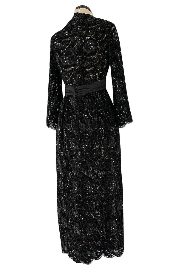 Incredible Fall 1970 Donald Brooks Runway Black Chenille & Sequin Net Lace Dress w Plunge Front