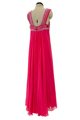 1960s Helen Rose Pink Silk Chiffon Dress w Elabroately Beaded & Sequins Bodice